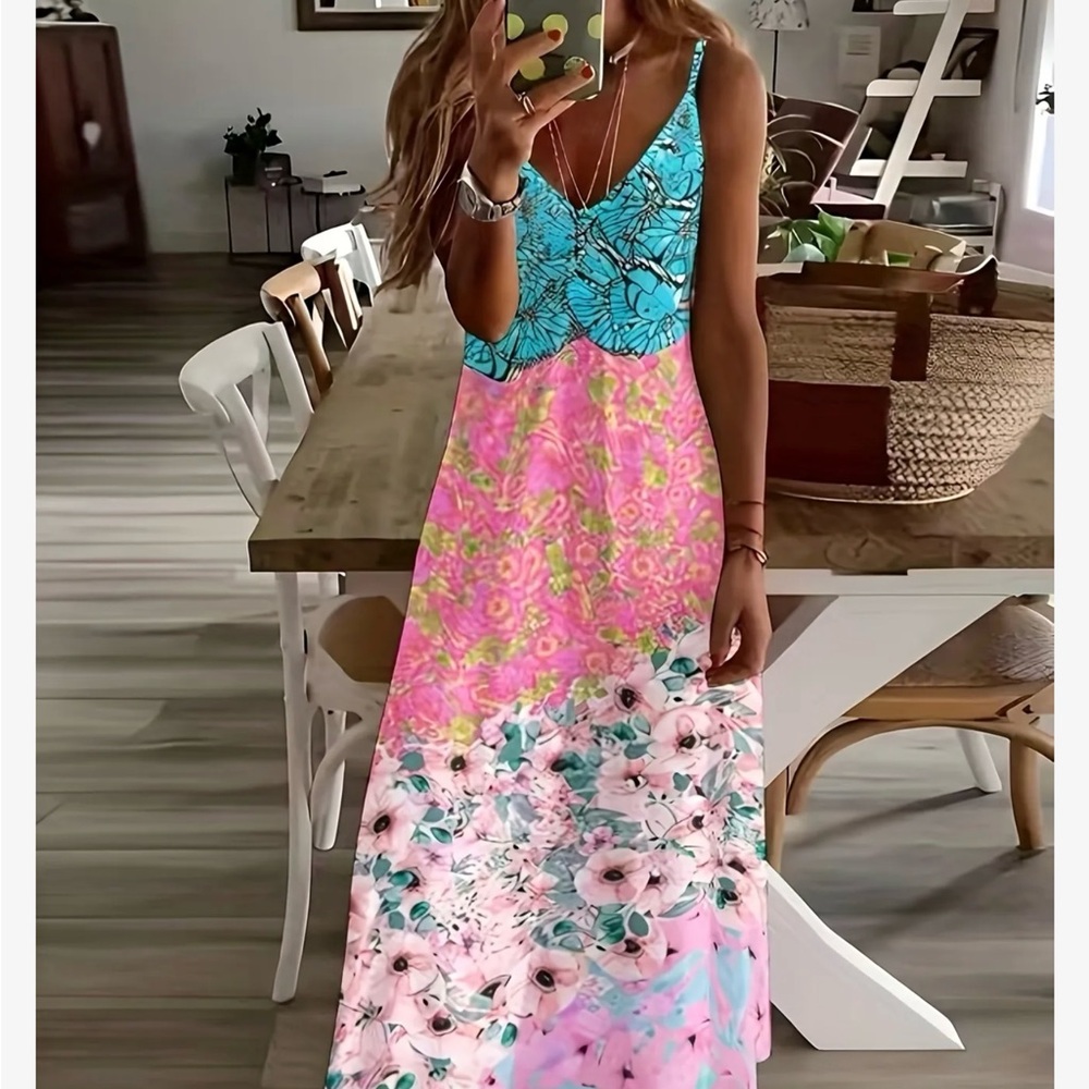 Floral Pink and Blue Maxi Dress